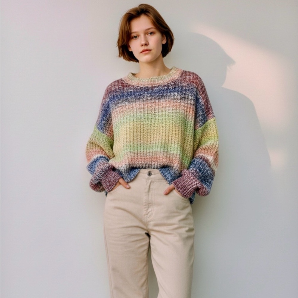 Anthropologie Moon & Madison Cropped Wool-Blend Pastel Striped Sweater Large